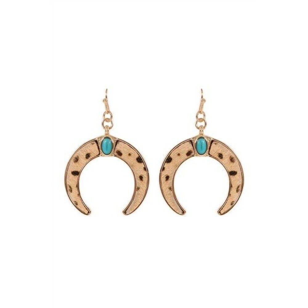 Boho Chic Cow Print Bull Horn Crescent Earrings Turquoise Stone Statement 1